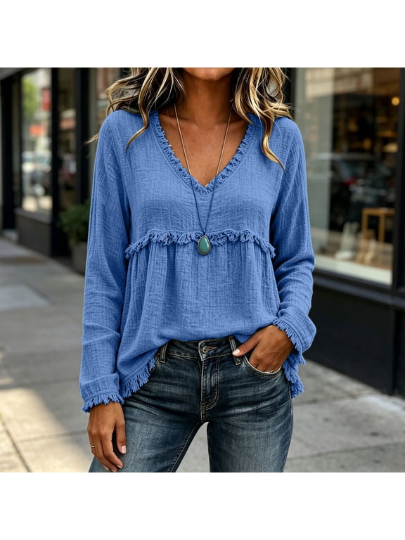 Women's Boho Fringe Tops Long Sleeve Cotton Linen Blend Blouse V Neck Flowy Tunic Casual Frayed Hem Shirt for Fall Vacation