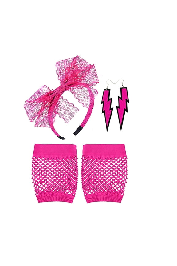 Under $5 80s Accessories Set 2026 Summer Sales Neon Lace Bow Headband Lightning Bolt Earrings Fishnet Gloves Retro 1980s Party Fancy Dress Kit for Women Girls Rock Disco Outfit Decor