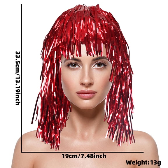GIJNRIUIUA Under $5 Metallic Foil Tinsel Party Wig Summer Sales Straight Bangs Short Rain Fringe Hair Headpiece Shiny Glitter Wigs for Women Men Carnival New Year Birthday Disco Decor