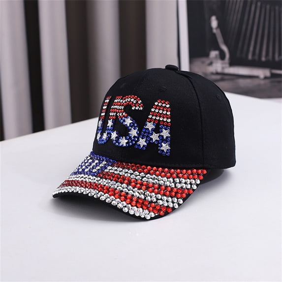 GIJNRIUIUA Baseball Caps Men Under $5 Hot Sales USA American Flag Rhinestone Baseball Cap Red White Blue Star Crystal Bling Adjustable Lightweight Cotton Casual Sun Hat Dark Gray Fedoras One Size