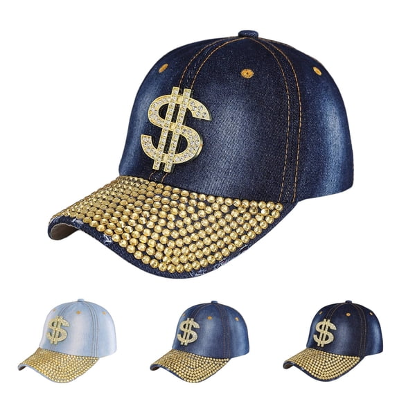 GIJNRIUIUA Baseball Caps Men Under $5 Sales Rhinestone Denim Baseball Cap for Men Women Gold Crystal Bling Washed Jean Curved Brim Adjustable Strap Back Hip Hop Streetwear Sparkly Fashion Sun Hat