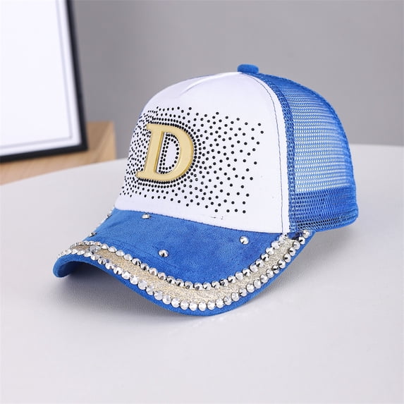 GIJNRIUIUA Baseball Hats for Men Under $5 Letter D Rhinestone Mesh Trucker Hat for Women Glitter Bling Curved Brim Adjustable Snapback Breathable Summer Outdoor Casual Fashion Sun Baseball Cap