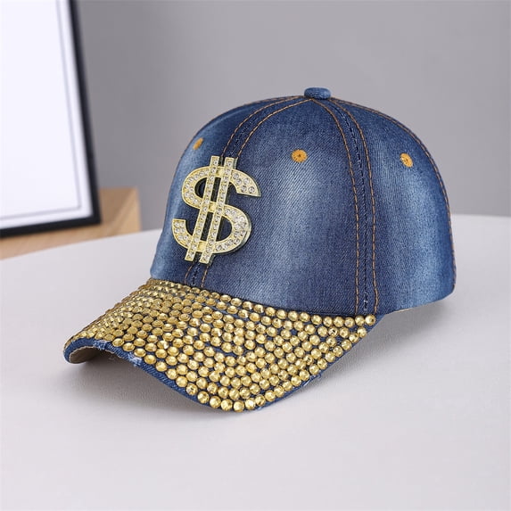 GIJNRIUIUA Hat for Women Under $5 Hot Sales Rhinestone Denim Baseball Cap for Men Women Gold Crystal Bling Washed Jean Curved Brim Adjustable Strap Back Hip Hop Streetwear Sparkly Fashion Sun Hat
