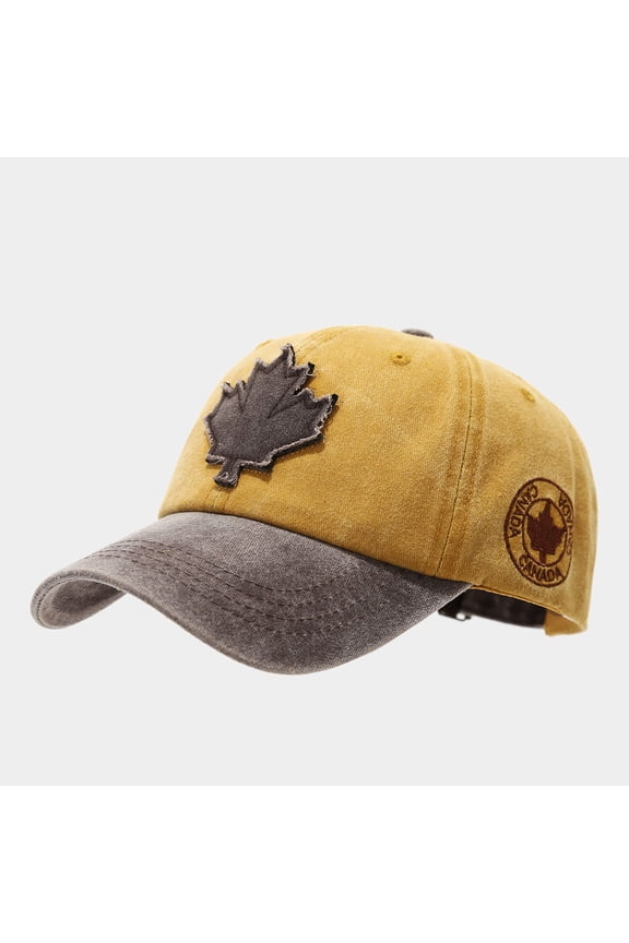 Sun Protection Baseball Cap Under $5 Vintage Washed Two Tone Baseball Cap for Men Maple Leaf Patch Embroidery Curved Brim Dad Hat Adjustable Strap Back Distressed Color Block Sun Hat