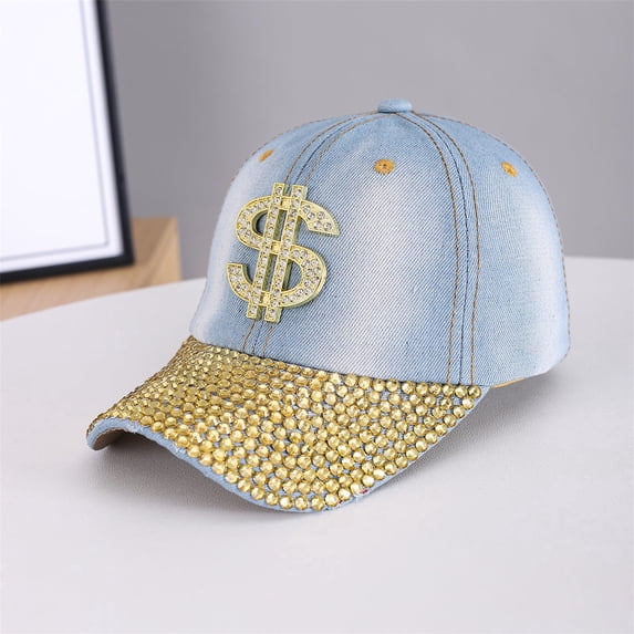 GIJNRIUIUA Trucker Hats Under $5 Sales Today Rhinestone Denim Baseball Cap for Men Women Gold Crystal Bling Washed Jean Curved Brim Adjustable Strap Back Hip Hop Streetwear Sparkly Fashion Sun Hat