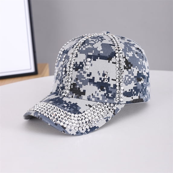 GIJNRIUIUA Women Baseball Cap Under $5 Sales 2026 Rhinestone Baseball Cap Crystal Bling Camo Curved Brim Adjustable Strap Back Lightweight Outdoor Casual Fashion Sun Hat Blue Sun Visor Hats One Size