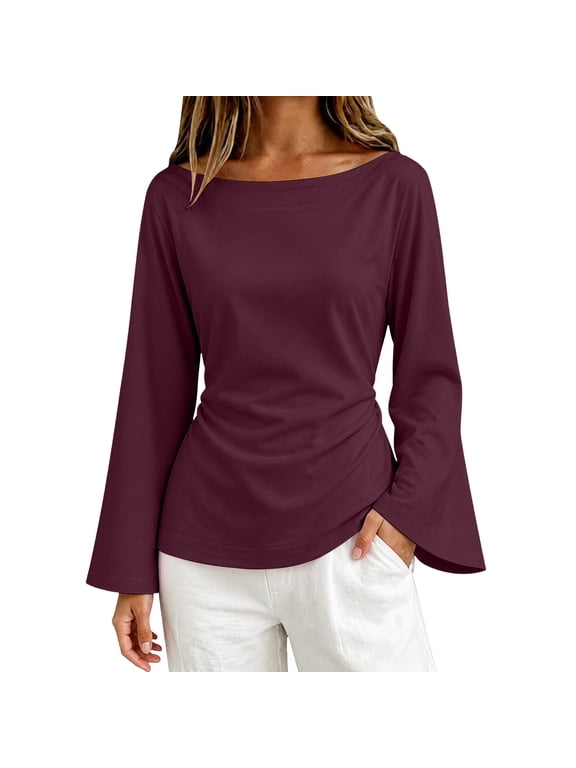Women's Tie Detail Bell Sleeve Blouse Waist Defining Long Sleeve Elegant Top Going Out Clothing