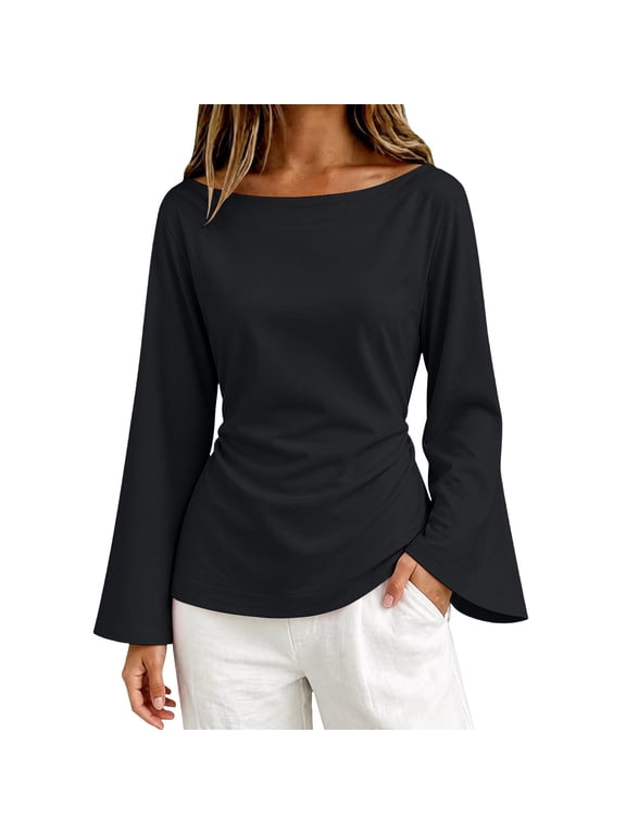 Women's Tie Detail Bell Sleeve Blouse Waist Defining Long Sleeve Elegant Top Going Out Clothing
