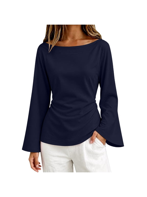 Women's Tie Detail Bell Sleeve Blouse Waist Defining Long Sleeve Elegant Top Trendy Going Out Clothes