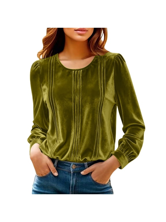 Womens Velvet Crew Neck Long Sleeve T Shirt Soft Velour Pullover Top Casual Fall Winter Basic Blouse for Layering Going Out Clothing