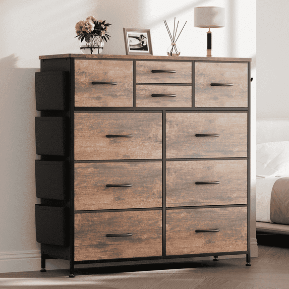 Aowos 10 Drawer Dresser, Chest of Drawers Dressers for Bedroom with 4 Side Pockets and 2 Hooks, Rustic Brown