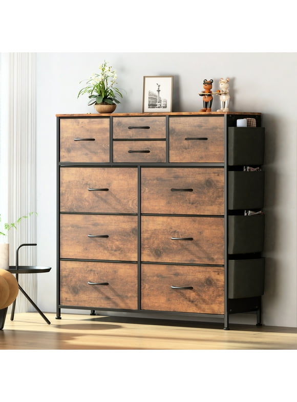 GIKPAL 10 Drawer Dresser, Chest of Drawers for Bedroom Fabric Dressers with Side Pockets and Hooks, Brown