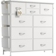 GIKPAL 10 Drawer Dresser, White Dresser Chest of Drawers Dressers for Bedroom Modern PU&Fabric Dresser Tall Dresser with Side Pockets and Hooks, White