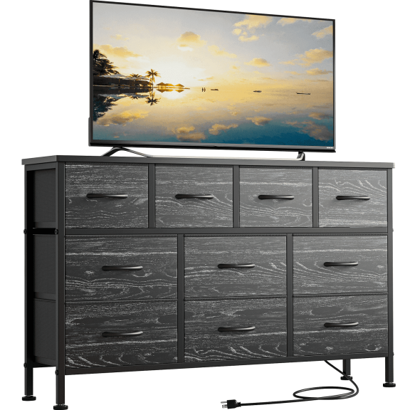 GIKPAL 10 Drawers Dresser, 43" TV Stand with Power Outlet, Bedroom Dresser for TV up to 50", Black