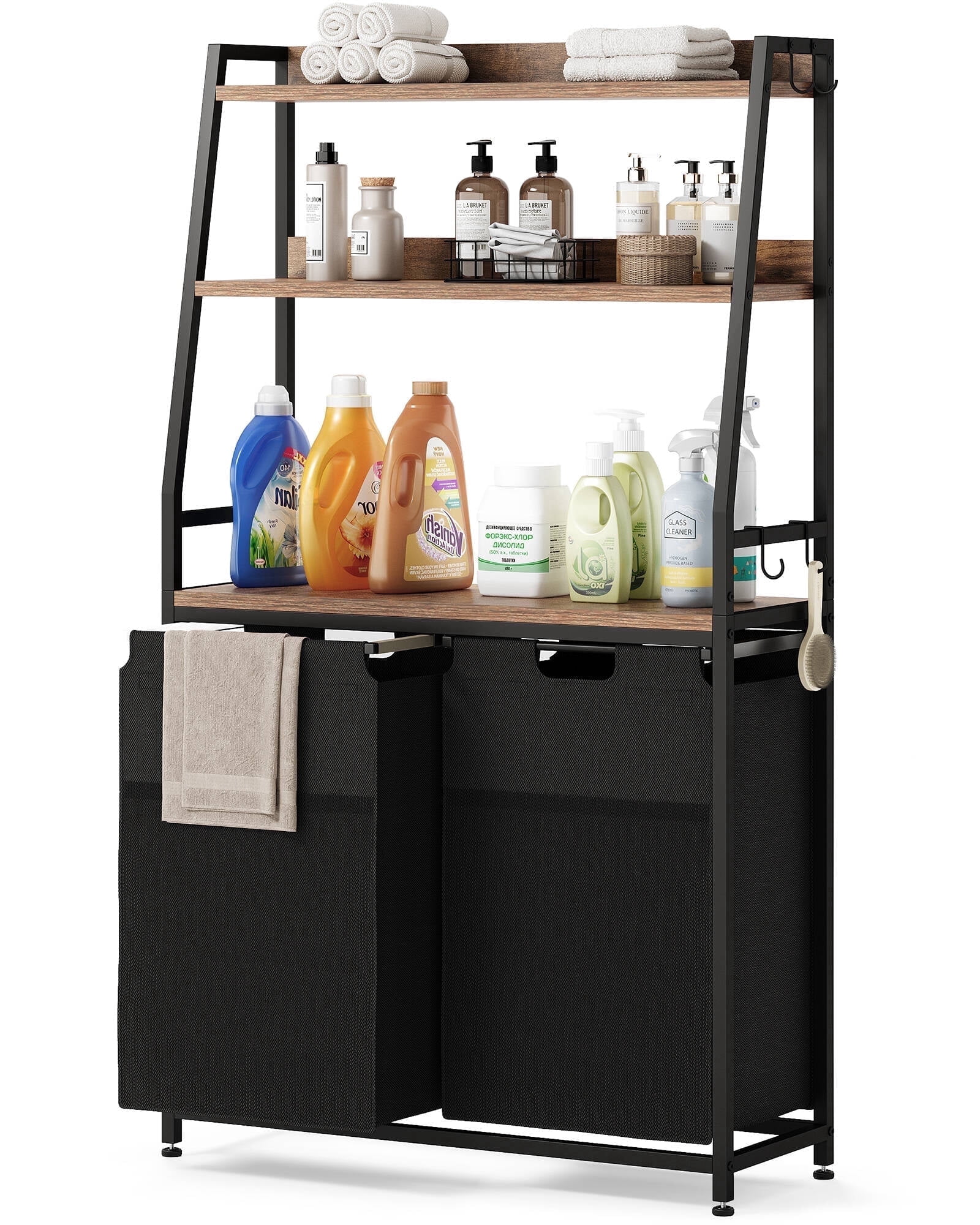 GIKPAL 2 Section Laundry Hamper, 170L Laundry Basket with 3 Shelves Laundry Sorter, Freestanding Laundry Organizer with 4 Hooks & 2 Removable Washable Bags & Side Pockets for Bathroom Dorm