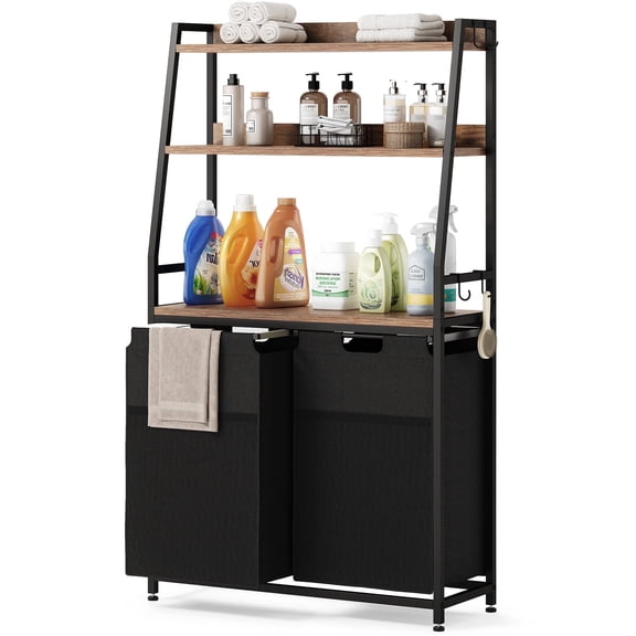 GIKPAL 2 Section Laundry Hamper, 170L Laundry Basket with 3 Shelves Laundry Sorter, Freestanding Laundry Organizer with 4 Hooks & 2 Removable Washable Bags & Side Pockets for Bathroom Dorm