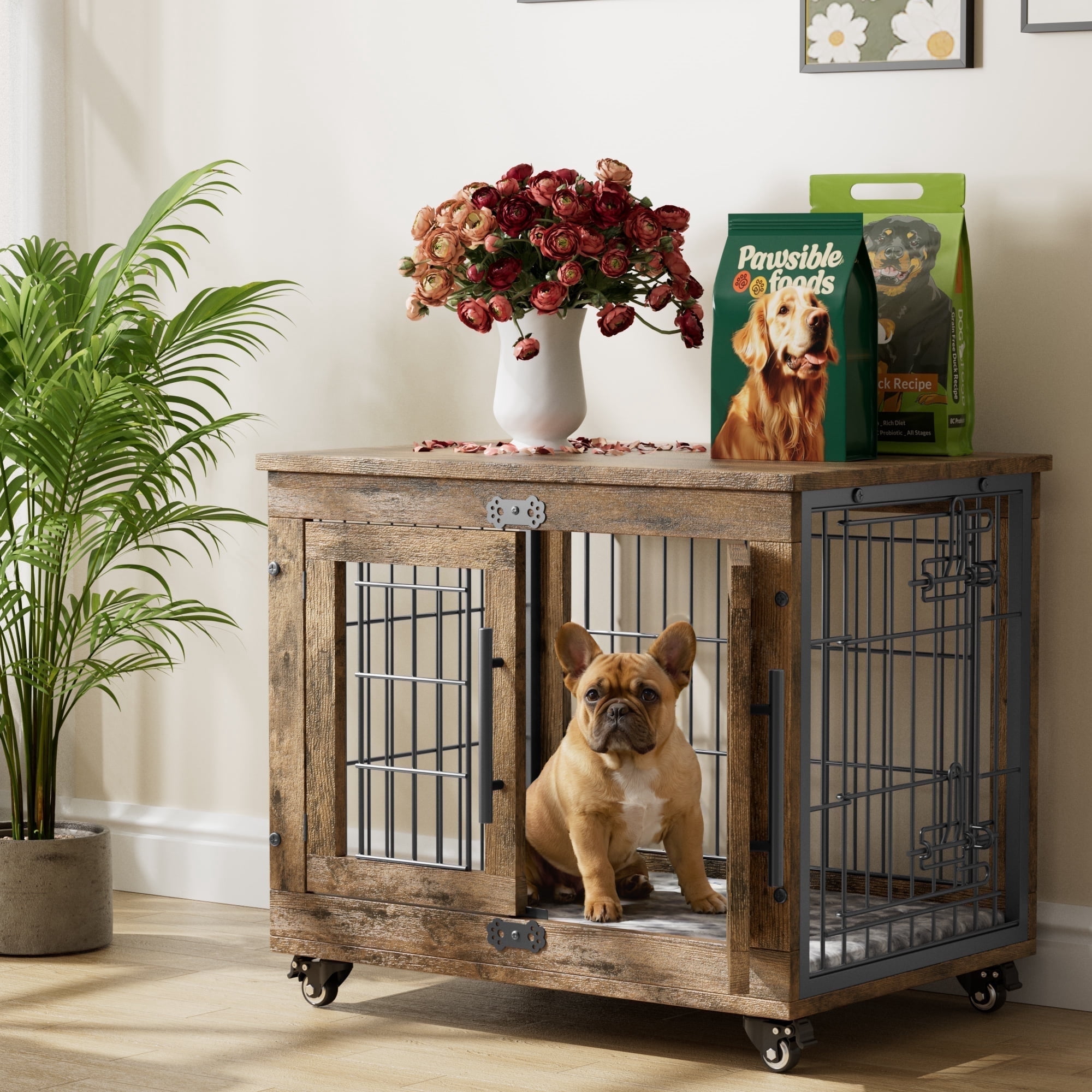 GIKPAL 27-Inch Dog Crate with Pads, 2-Door Heavy-Duty Indoor Wooden Dog Cage on Wheels for Small to Medium Dogs up to 30 lbs,Brown