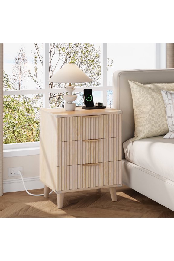 3 Drawer Dresser with Charging Station, Small Dresser & Fluted End Table, Baby Dresser with Solid Wooden Legs for Bedroom, Natural