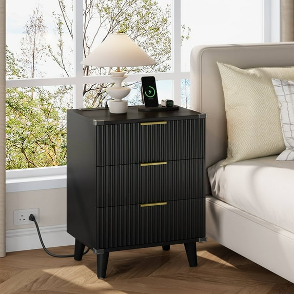 GIKPAL 3 Drawer Dresser with Charging Station, Small Dresser & Fluted End Table, Black Dresser with Solid Wooden Legs for Bedroom, Black