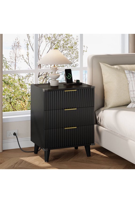 3 Drawer Dresser with Charging Station, Small Dresser & Fluted End Table, Black Dresser with Solid Wooden Legs for Bedroom, Black