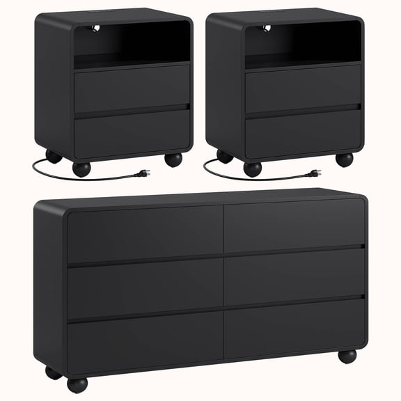 GIKPAL 3-Piece Dresser and Nightstand Sets for Bedroom, Includes 6 Drawer Dresser, Nightstand Set of 2 with Charging Station, Modern Bedroom Furniture Set, Black