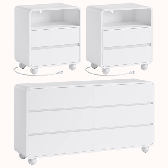 GIKPAL 3-Piece Dresser and Nightstand Sets for Bedroom, Includes 6 Drawer Dresser, Nightstand Set of 2 with Charging Station, Modern Bedroom Furniture Set, White