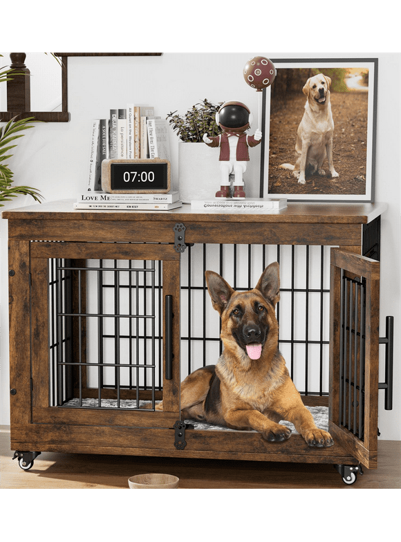GIKPAL 32-Inch Dog Crate With Padded, 2-Door Wooden Wheels, Indoor Dogs Kennel for Small to Medium