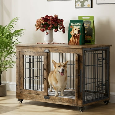 GIKPAL 32-Inch Dog Crate With Padded, 2-Door Wooden Wheels, Indoor Dogs Kennel for Small to Medium
