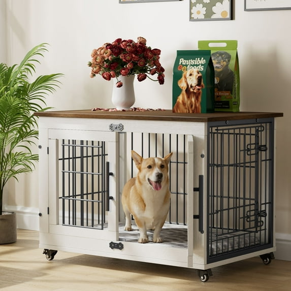 GIKPAL 32-Inch Dog Crate with Pads, 2-Door Heavy-Duty Indoor Wooden Dog Cage on Wheels for Small to Medium Dogs up to 45 lbs,White