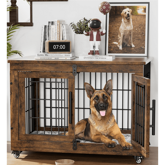 GIKPAL 32 Inch Padded Dog Crate, 2 Door Wooden Wheels, Indoor Dog House for Small and Medium Dogs