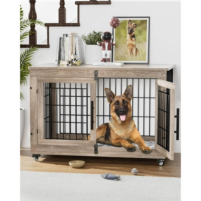 GIKPAL 38Inch Wood Dog Crate, 2 Door Heavy Duty Indoor Dog House with