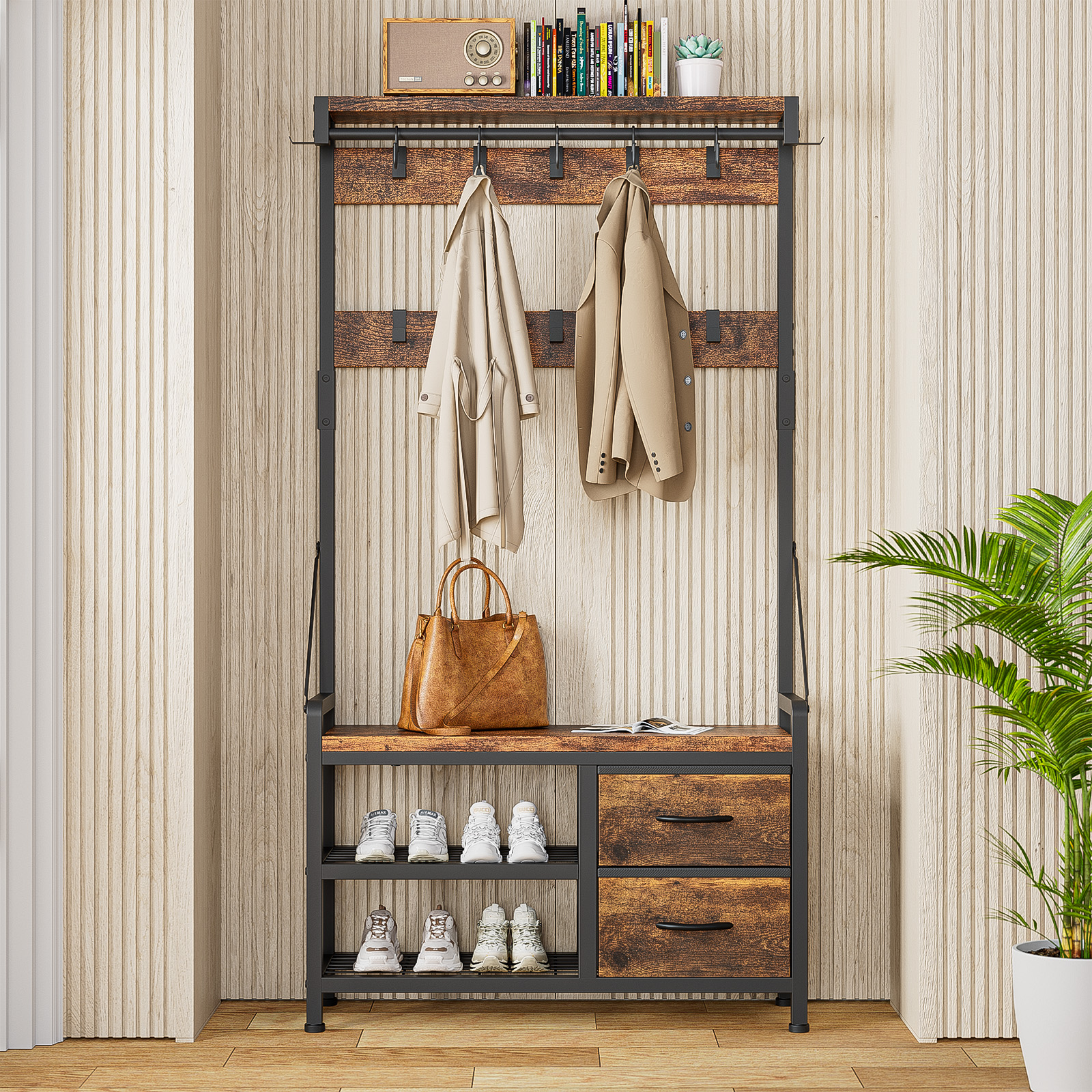 Ameriwood Home Knox County Entryway Bench with Hall Tree in Brown Oak