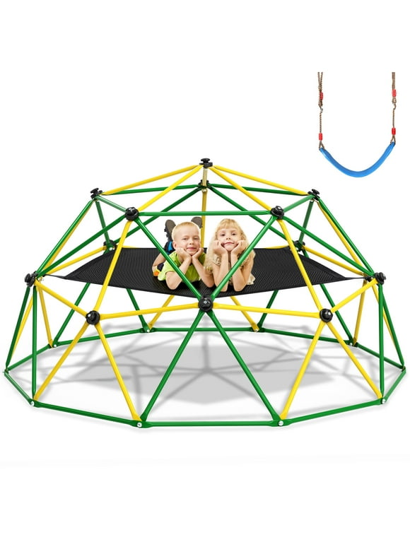 GIKPAL 4-in-1 Jungle Gym,120" Dome Climber with Hammock &Swing for Kids Outdoor Play Equipment, Supports up to 1000lbs Jungle Gym, Anti-Rust, Easy Assembly, Yellow+ Green
