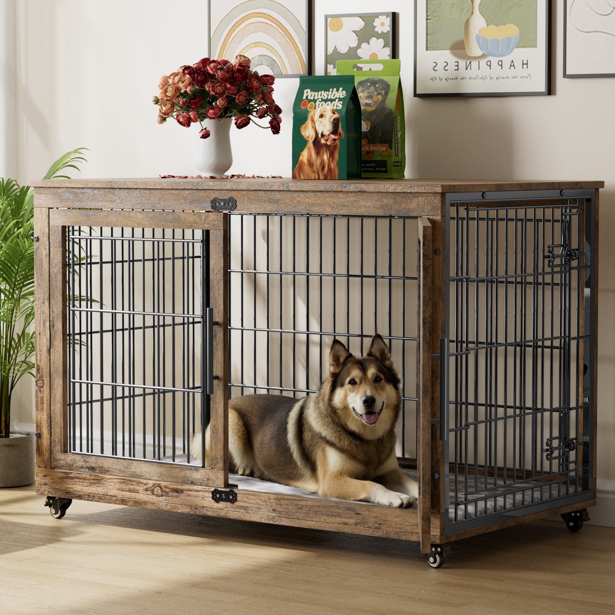 GIKPAL 44-Inch Dog Crate with Pads, 2-Door Heavy-Duty Indoor Wooden Dog ...