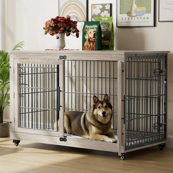 GIKPAL 44-Inch Dog Crate Furniture with Pads, 2-Door Heavy-Duty Indoor Wooden Dog Cage on Wheels for XL Dogs up to 85 lbs,Gray
