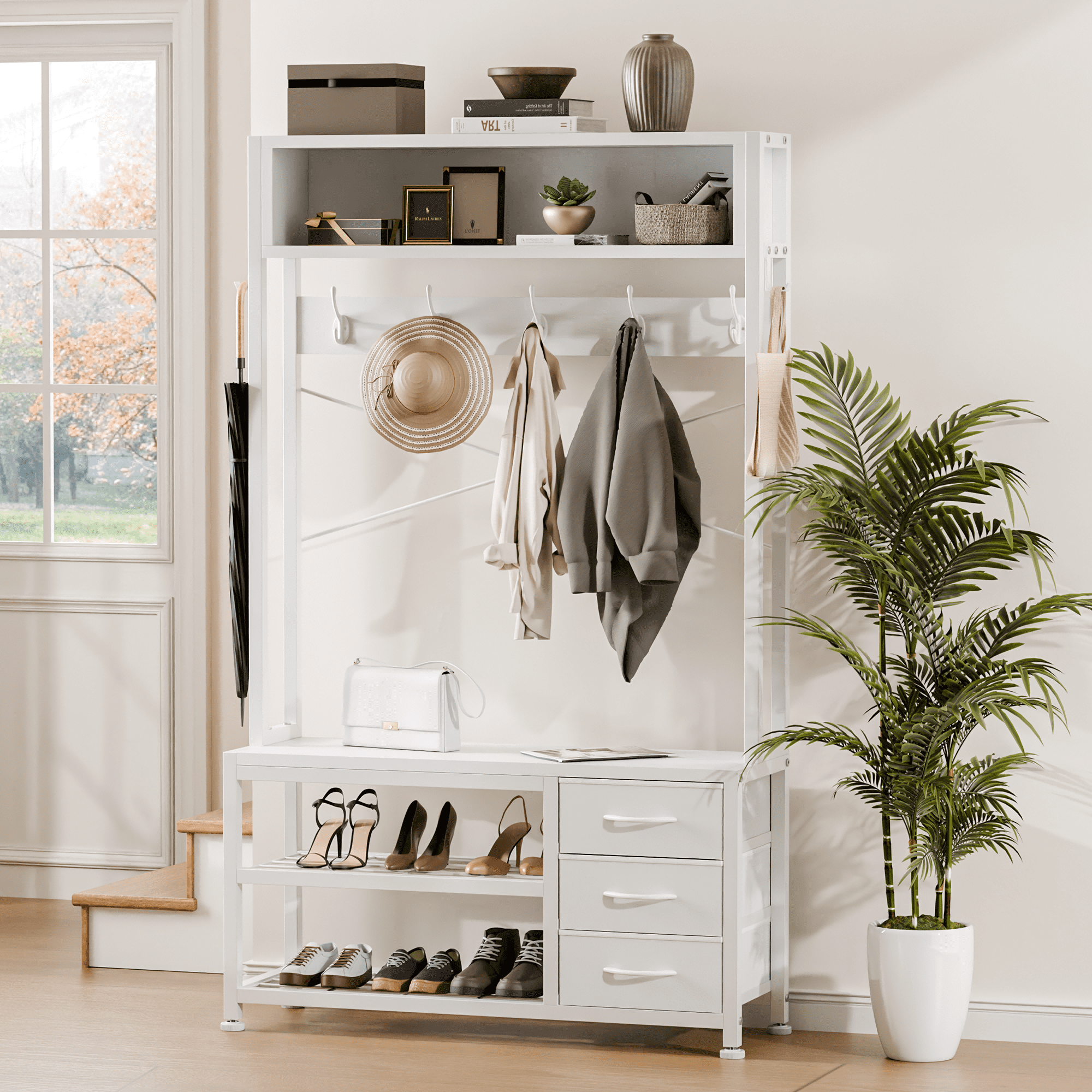 White Industrial Hall Tree with Bench, Hooks, and Storage Drawers