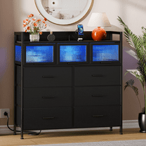 GIKPAL 6 Drawers Dresser for Bedroom, Black Dresser with LED Lights and Charging Station, Modern Dressers Chest of Drawers with 3 Visual Storage Drawers for Living Room