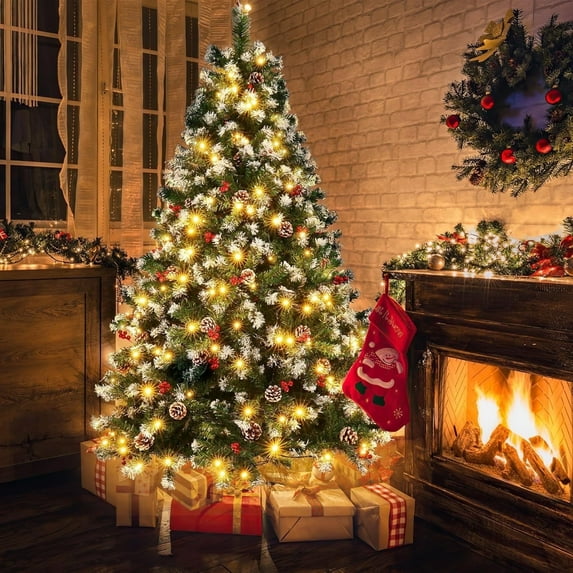 GIKPAL 6ft Pre-Lit Artificial Christmas Tree, Xmas Tree with 250 LED Lights, 54 Pine Cones & 54 Red Berries Hinged Christmas Tree for Home, Office, Party Decoration