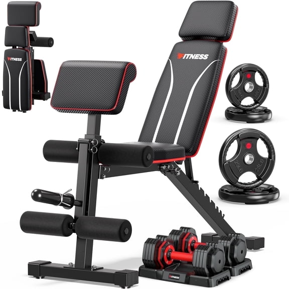 GIKPAL 7 Positions Foldable Adjustable Olympics Weight Bench Workout Bench with 50lb(25lb*2) Adjustable Dumbbell & 70lb(10lb*2+25lb*2) Weight Plates
