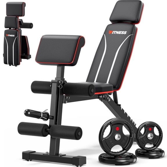 GIKPAL 7 Positions Foldable Adjustable Olympics Weight Bench Workout Bench with 70lb(10lb*2+25lb*2) Weight Plates