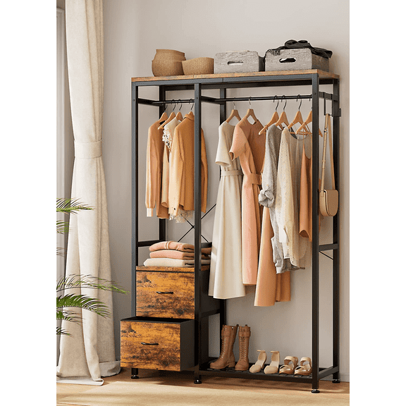 GIKPAL 72.8'' Clothes Rack, 2 Drawers Garment Rack with 4 Hooks Freestanding Closet Organizer, 2 Hanging Rods Portable Wardrobe Organization for Bedroom Living Room, Rustic Brown