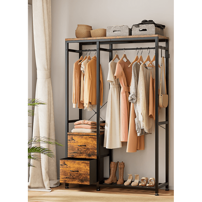 Freestanding Closet Organizer with Drawers and Hanging Rod Clothes Garment Rack Organizer - Brown