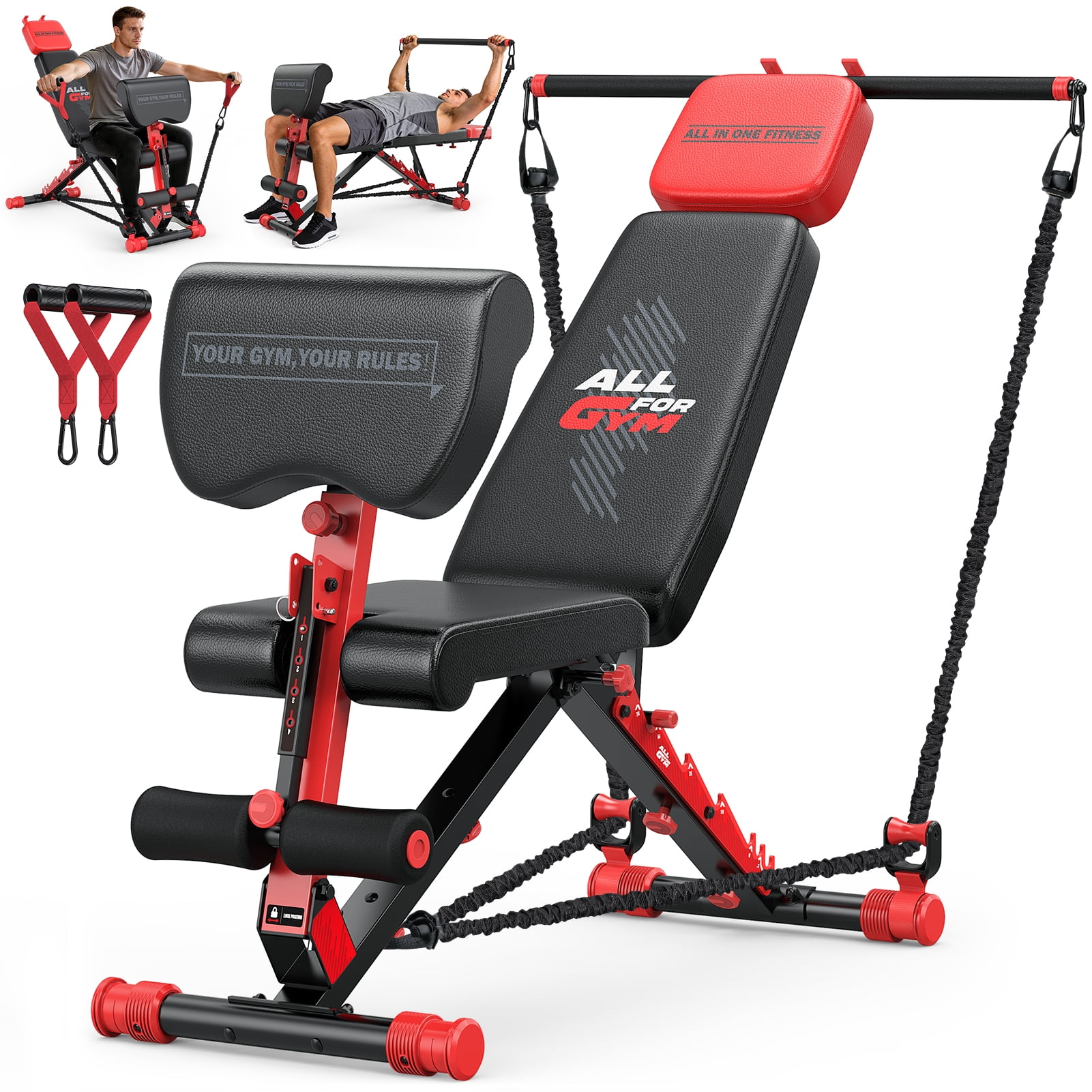 GIKPAL 8 Positions Multi-purpose Adjustable Weight Bench with Resistance Band,Foldable Workout Bench With Extended Headrest & Preacher Curl for Home Gym, 880lbs