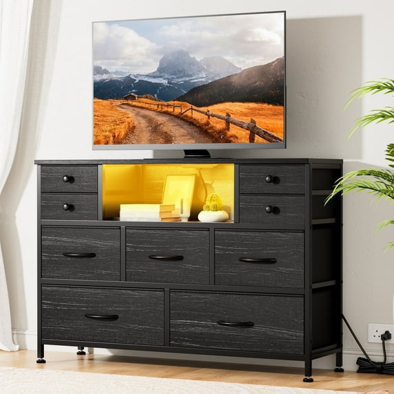 GIKPAL 9 Drawer Dresser, Dressers for Bedroom TV Stand with Power Outlets LED Lights, Black Dresser Fabric Chest of Drawers 2 Shelves for up to 50" TV