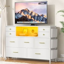 GIKPAL 9 Drawer Dresser, Dressers for Bedroom TV Stand with Power Outlets LED Lights and Side Pocket, Chest of Drawers White Dresser TV Stand for up to 50" TV