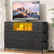 GIKPAL 9 Drawer Dresser, Dressers for Bedroom TV Stand with Power Outlets LED Lights, Fabric Chest of Drawers Black Dresser TV Stand for up to 50" TV