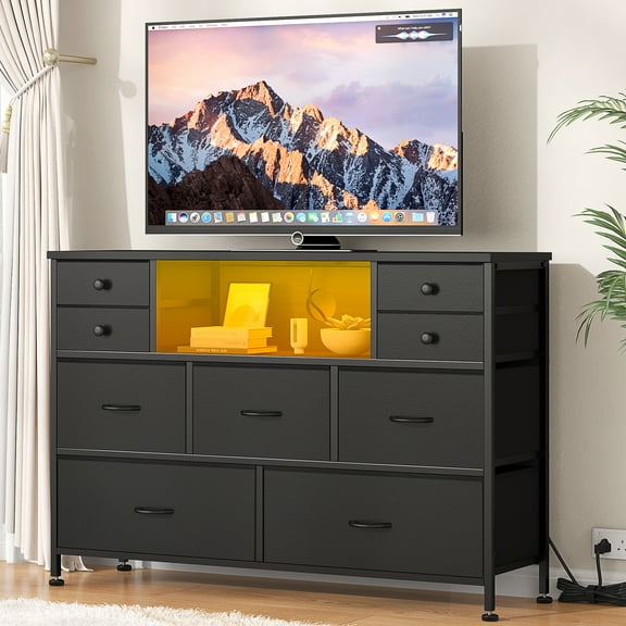 GIKPAL 9 Drawer Dresser, Dressers for Bedroom TV Stand with Power Outlets LED Lights, Fabric Chest of Drawers Black Dresser TV Stand for up to 50" TV