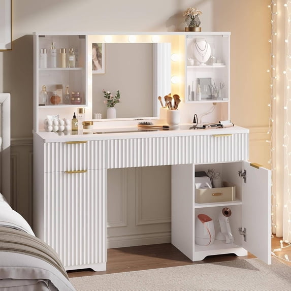 GIKPAL 47" Makeup Vanity with Mirror and Lights, Modern Get Ready Station Vanity with 3 Drawers & 2 Cabinets, Glass Top Vanity Desk with Power Strip, White