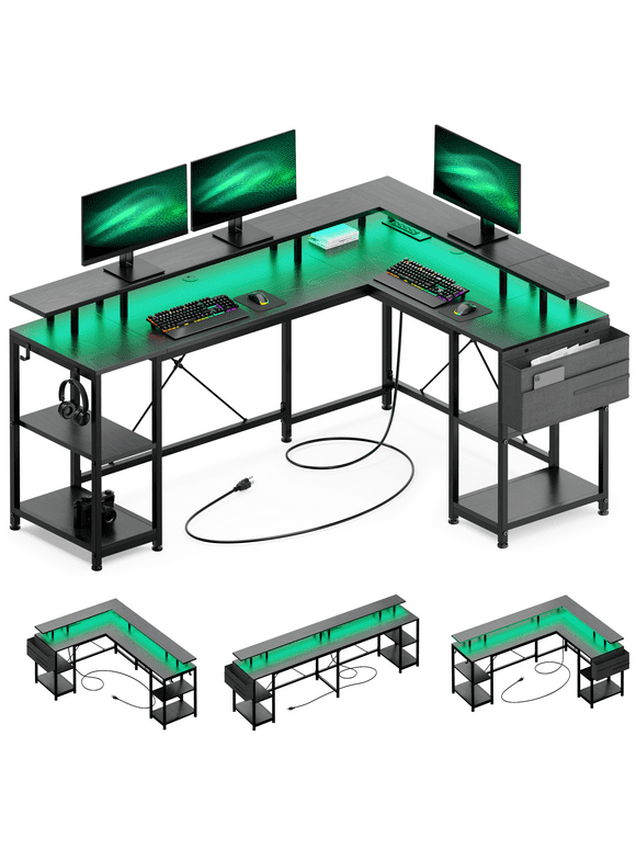 GIKPAL 95” L-Shaped Computer Desk with LED Light Gaming Desk with Power Outlet, Home Office Desk with Monitor Stand, Storage Shelf and Storage Bag Corner Desk, Black
