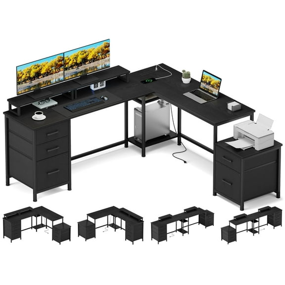 GIKPAL L Shaped Desk, 66'' Computer Desk with Power Outlet, Home Office Desk with 5 Drawers, Coner Gaming Desk,Black